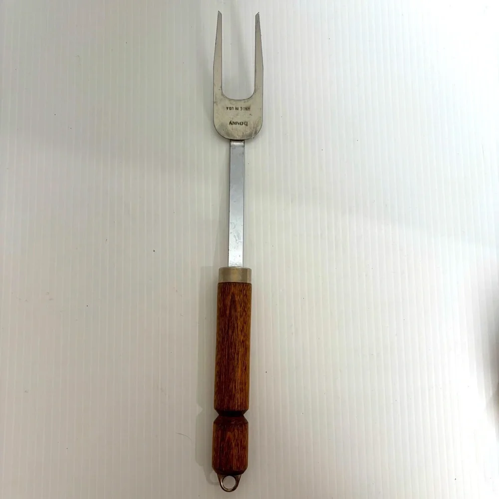 Vintage Bonny 2 Prong Meat Utility Turning Fork 12” Wooden Handle USA